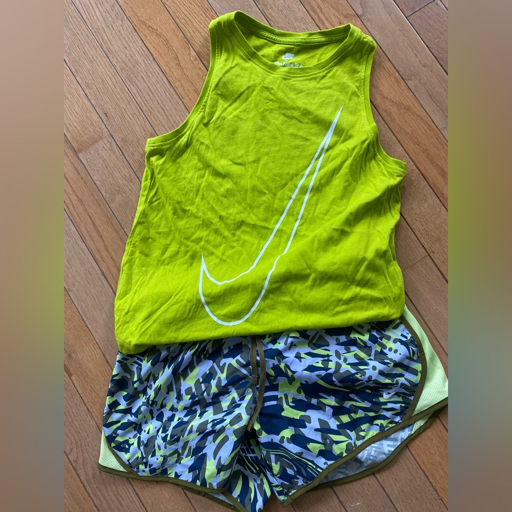 NWOT Girls Nike Tee lime green Tank and Dri-fit matching camo shorts